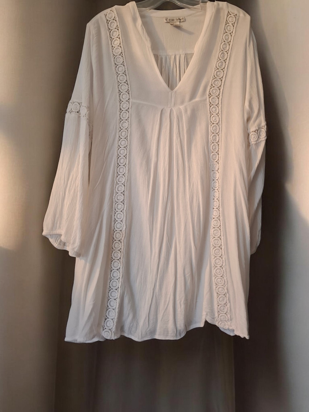 White V-Neck Crochet-Trim Tunic Top